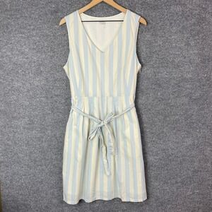 L.L. Bean Signature Dress 100% cotton Womens 16 Blue Striped V-Neck Belted